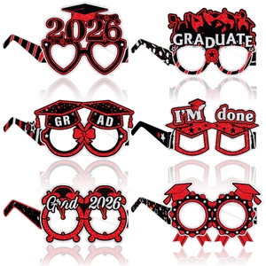 Set of 6 glitter graduation party paper glasses with 2026 designs in red and black
