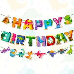 Colorful dinosaur theme Happy Birthday banner for kids party decoration on white background