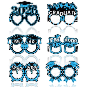 Set of six blue glitter graduation party paper glasses with doctoral cap and 2026 motifs