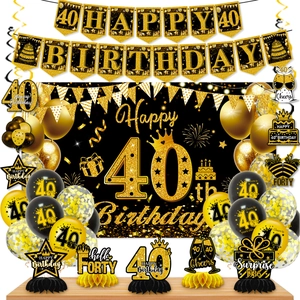 Complete black and gold 40th birthday party set with banners, balloons and centerpieces