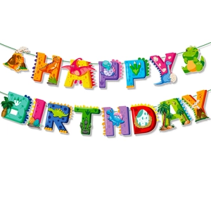 Detailed view of dinosaur Happy Birthday banner with colorful cartoon motifs and letters