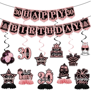 30th Birthday decoration set in rose gold and black with banners and honeycomb centerpieces