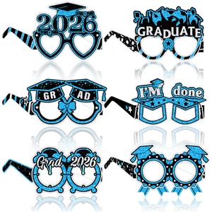 Detailed set of 6 blue glitter graduation party photo props with caps and 2026 designs