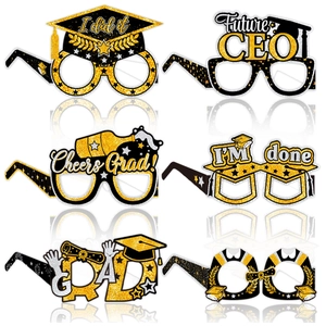 Detail of 6 pack graduation party glasses with gold glitter text and doctorate cap designs