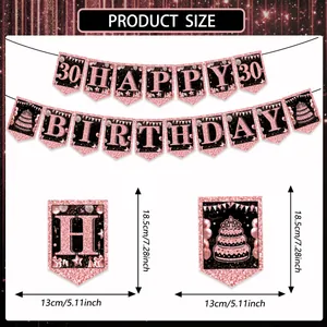 Size chart for 30th birthday glitter banner flags measuring 18.5cm by 13cm each