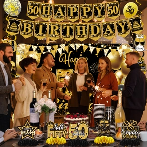 Detailed set of 50th birthday party decorations in classic black and gold theme