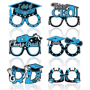 Set of six glittery graduation party paper glasses featuring black and blue motifs