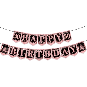 Detail of rose gold 30th birthday banner with glitter letters and cake patterns