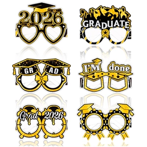 Set of 6 glittery 2026 graduation party eyewear props with black and gold cardstock designs