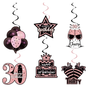 Detailed set of 6 rose gold and black spiral 30th birthday party hanging decorations