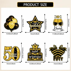 Guide des tailles pour décorations de 50ème anniversaire en or et noir avec divers ornements