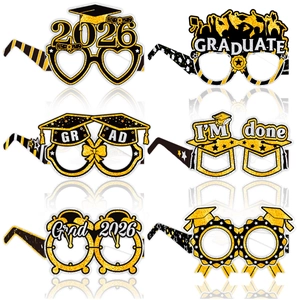 Set of 6 black and gold glitter graduation party glasses with hats and scrolls