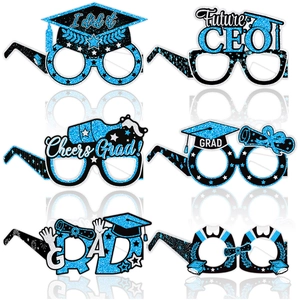 Set of six glittery graduation party glasses with caps and festive mottos on white background