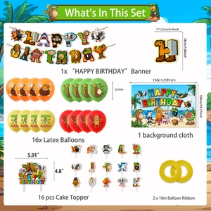 Kit de fête animaux mythiques avec bannière, ballons, décors de gâteau et toile fond