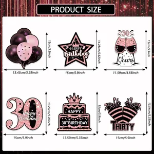 Detailed size chart for rose gold 30th birthday party paper toppers and decorations
