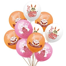 Detail of multi-color Easter latex balloons with cute bunny prints and festive text