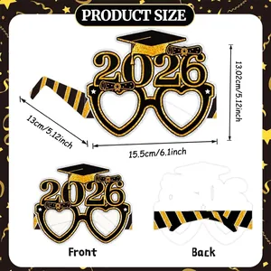 Front and back view of 2026 graduation party glasses with size chart measurements