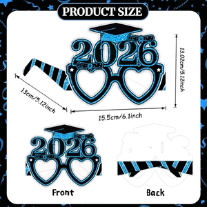 Blue glitter 2026 graduation party glasses with mortarboard hat and heart shape frame