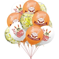 Detail of Happy Easter balloons with bunny patterns and golden confetti accents