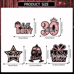 Detailed dimensions of 30th birthday party toppers in rose gold and black glitter