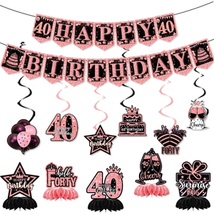 Rose Gold Birthday Party Decorations Set Glitter Banner Hanging Swirls Honeycomb Centerpieces For Anniversary Milestones