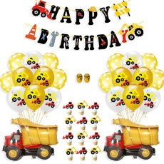 Construction party kit with dump truck balloons and Happy Birthday banner decorations