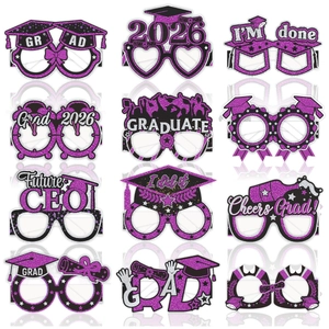 Detailed grid showing 12 styles of 2026 purple glitter graduation party paper glasses