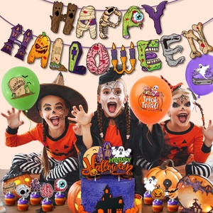 Halloween party decoration set with banners balloons and cake toppers for festive atmosphere