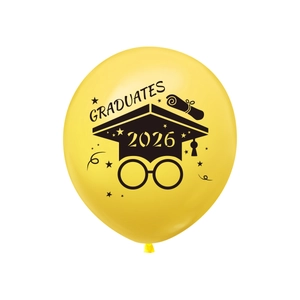 Yellow latex balloon for 2026 graduation party featuring black graduates hat and scroll