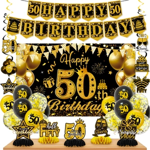 Detailed 50th birthday party set with black gold banners balloons and decor