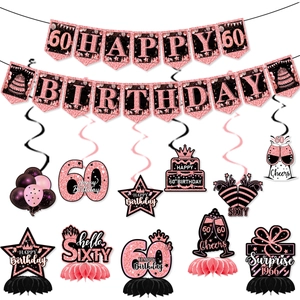 Detailed set of 60th birthday rose gold decorations with banners and hanging swirls