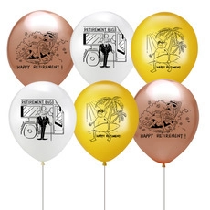 Detail of rose gold and white latex balloons with Happy Retirement illustrations and text