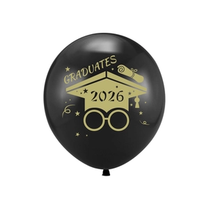 Detail of 2026 black graduation balloon with golden Graduates print and motifs