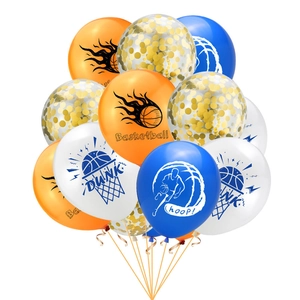 Basketball theme party balloon set with orange, blue, white, and gold sequin balloons
