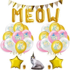 Meow cat theme party set with gold letter balloons and star foil balloons on white backdrop