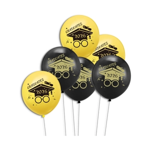 2026 graduation party balloon set featuring yellow and black latex with graduate motifs