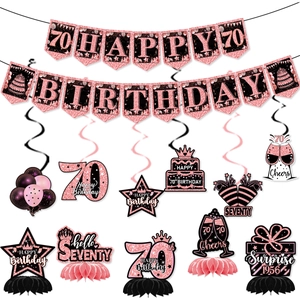 Detailed set of rose gold 70th birthday party decorations with banners and swirls