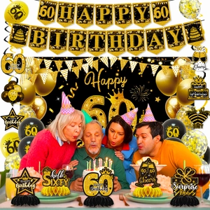 Black and gold 60th birthday decoration set with banner, balloons and backdrop
