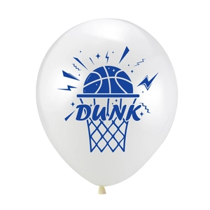 Close-up of a white latex basketball balloon with a blue Dunk graphic for sports party