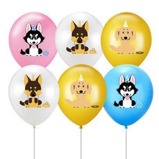 Detail of latex balloons featuring cute cartoon husky and golden retriever dog illustrations
