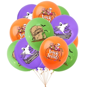 Halloween balloon set with orange pumpkins, purple ghosts and green cemetery prints