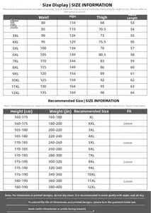 Detailed size chart for men's oversized shorts from XL to 12XL with washing guidelines
