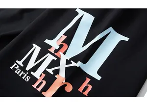 Detail shot of multi-color letter prints on black cotton loose fit sport shorts