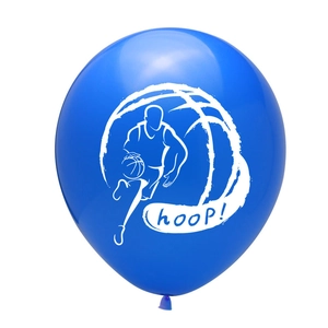 Blue latex balloon with white hoop dunking basketball player silhouette for sports party