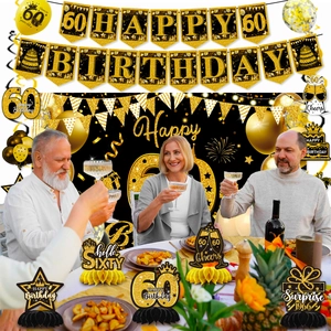 Black and gold 60th birthday decoration set with banners balloons and table centerpieces