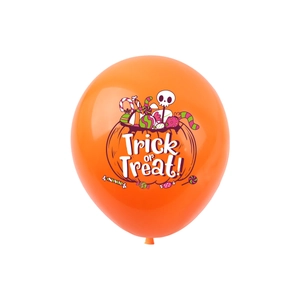Orange Halloween latex balloon with Trick or Treat pumpkin and skull illustration