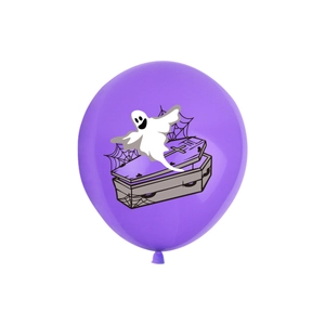 Detail of purple Halloween latex balloon featuring cartoon ghost, RIP coffin and spider web