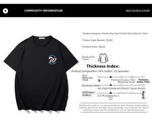 Detail of black cotton blend T-shirt fabric composition and printed graphic parameters