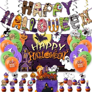 Complete Halloween party decoration set with pumpkin banner balloons and spooky backdrop