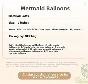 Detailed specifications for 12-inch mermaid theme latex balloons and confetti sets